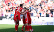 Max Power of Sunderland and celebrates with team mates after putting his team 1-0 up durin...