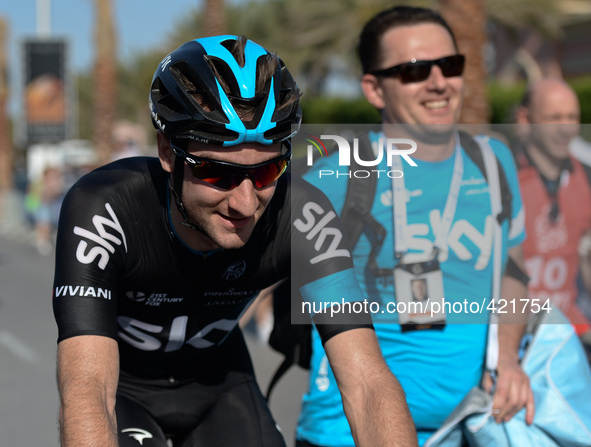 Italian Elia Viviani from Team Sky pictured after he wins 190km Nakheel Stage 2, in Dubai Tour 2015.  5th February 2015, Photo by: Artur Wid...