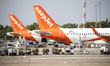 Easyjet airplanes are seen at Berlin's airport in Schoenefeld, Germany on on May 8, 2019....