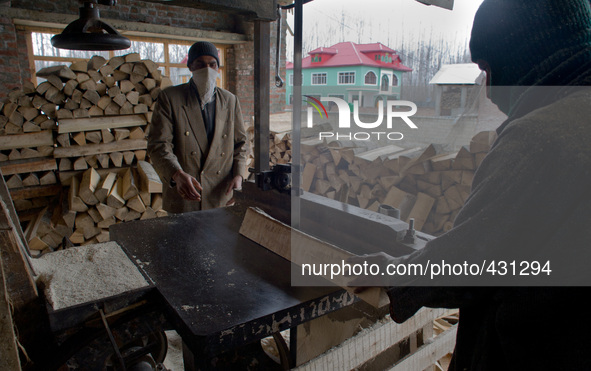 HALMULLAH, INDIAN ADMINISTERED KASHMIR, INDIA - FEBRUARY 11: Workers shape willow cleft used in making cricket bats in a cricket bat factory...