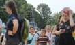 People walk on the newly opened footbridge in Kyiv, Ukraine, May 27,2019 
