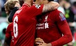 Dejan Lovren and Virgil Van Dijk of Liverpool celebrate during the UEFA Champions League F...