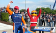 Scott Dixon (9) of New Zealand and Chip Ganassi Racing celebrates after his win upon arriv...