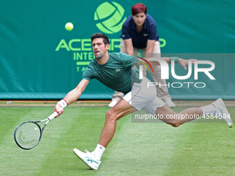 Novak Djokovic stretches for a forehand return during the Boodles Tennis Challenge at Stoke Park, Stoke Poges on Tuesday 25th June 2019.   by MI News/NurPhoto
