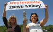 Protesters holding banners that speak - Westerplatte is fighting again are seen in Gdansk,...