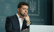 President of Ukraine Volodymyr Zelensky listens to the report of the Head ofthe National P...