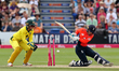  England's Tammy Beaumont is bowled by Austrailia's Jess Jonassen during the Ashes match b...
