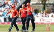 Englands Heather Knight congratulates Katherine Brunt  after she dismissed Ayssa Healy dur...
