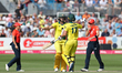 Australias Meg Lanning celebrates with Ellyse Perry after beating England during the Ashes...