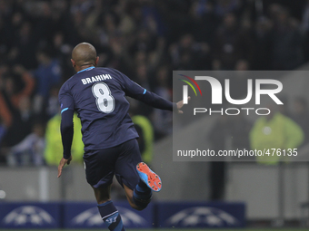 Porto's Algerian midfielder Yacine Brahimi celebrates after scoring a first goal during the UEFA Champions League match between FC Porto and...