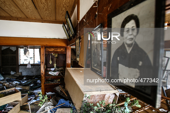 A view inside a destroyed house in the devastated city of Ishinomaki on April 15, 2011 following the deadly March 11 earthquake and tsunami...