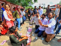 Students and supporters of the candidates  during the Rajasthan University Students Union (RUSU) election polling, outside Maharani College...