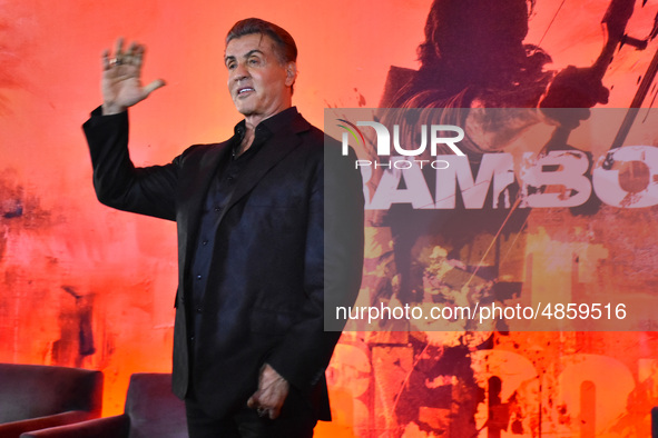 Sylvester Stallone wave his hand during Rambo: Last Blood film press conference at  Four Season Hotel on September 12, 2019 in Mexico City,...