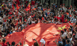 Pro-Beijing Protesters are seen waving a large Chinese Flag inside a shopping mall in Hong...