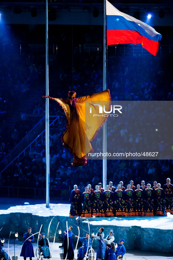 A scene from the opening ceremony of the 11th Winter Paralympic Games in Sochi at Fisht Stadium. 