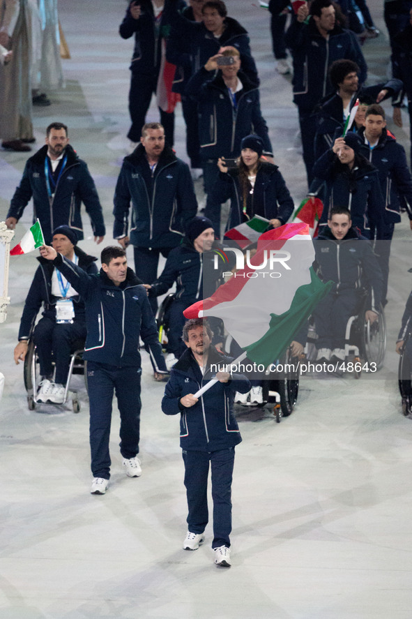 Italian paralympians at the opening ceremony of the 11th Winter Paralympic Games at Fisht Stadium. 