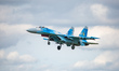 Sukhoi SU-27 Flanker 39 of the Ukrainian Air Force with blue digital camo livery seen flyi...