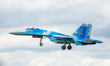 Sukhoi SU-27 Flanker 39 of the Ukrainian Air Force with blue digital camo livery seen flyi...