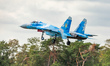 Sukhoi SU-27 Flanker 39 of the Ukrainian Air Force with blue digital camo livery seen flyi...
