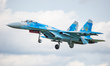 Sukhoi SU-27 Flanker 39 of the Ukrainian Air Force with blue digital camo livery seen flyi...