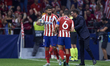Diego Simeone head coach of Atletico Madrid gives instructions to Diego Costa and  Koke du...