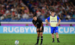 Richie Mo'Unga taking a conversion during Rugby World Cup 2019 Group B game between New Ze...