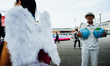 Demonstrator dress as angel at the global march for climate in Rennes, France, 21st septem...
