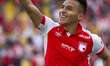 Jhon Velasquez celebrates the goal during a match between Independiente Santa Fe and Envig...