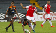 Yeison Guzman of Envigado fights the ball against Daniel Giraldo of Independiente Santa Fe...