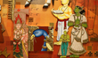 Detail of a decorative artistic display featuring images of various Hindu Gods and Goddess...
