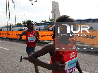 The Kenyan Rose Chelimo (R ) and Prisca Jeptoo during the Female Lisbon Half-Marathon 2015 on the 22th of March, 2015, ( 
