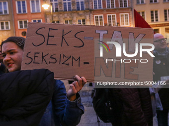 Protester holding sign that says 'Sex - Yes, Sexism - No' during the rally against a bill that would criminalize sex education is seen in Gd...