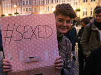 Protester holding sign that says '# Sexed'  during the rally against a bill that would criminalize sex education is seen in Gdansk, Poland o...