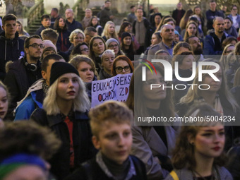 Protesters  during the rally against a bill that would criminalize sex education are seen in Gdansk, Poland on 17 October 2019 . Thousands o...