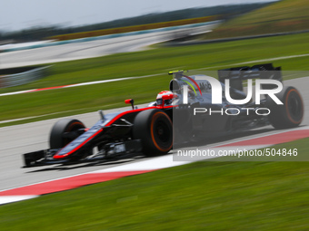 British Jenson Button of McLaren Honda in action during third practice session of the Malaysian Formula One Grand Prix at Sepang Internation...