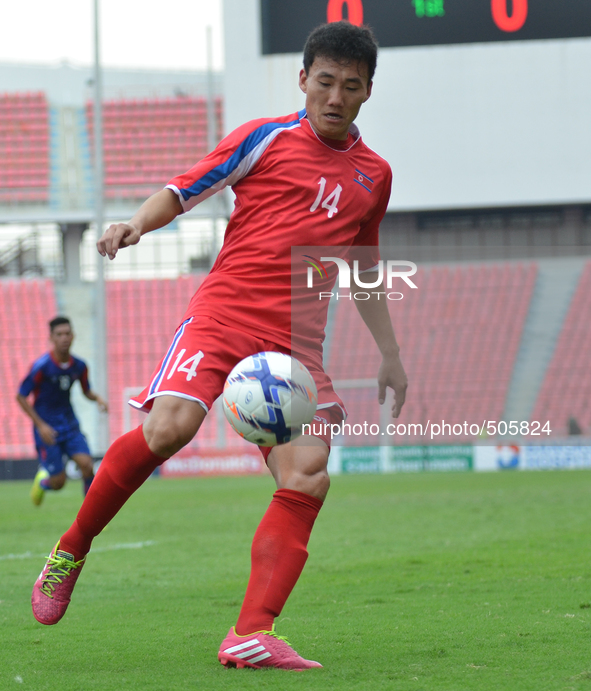 Yun IL Gwang of DPR Korea in actions during the AFC U-23 Championship 2016 qualifiers round at Rajamangala Stadium in Bangkok, Thailand on M...