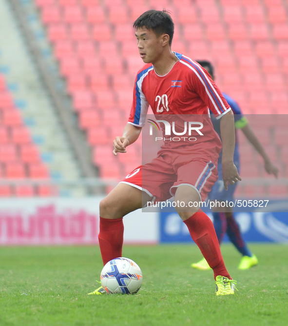 So Kyong Jin of DPR Korea in actions during the AFC U-23 Championship 2016 qualifiers round at Rajamangala Stadium in Bangkok, Thailand on M...