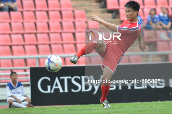 Ho Myong Chol of DPR Korea scoring an opening goal for his team during the AFC U-23 Championship 2016 qualifiers round at Rajamangala Stadiu...