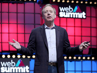 Microsofts President Brad Smith delivers a speech during the annual Web Summit technology conference in Lisbon, Portugal on November 6, 2019...