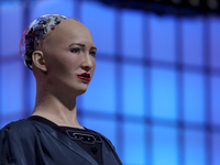 Social humanoid robot developed by Hong Kong-based company Hanson Robotics, Sophia The Robot speaks during the annual Web Summit technology...
