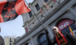 Far-right group Falange members hold a giant banner reading ''Fo Spain unity'' during a de...