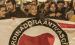 Protesters with banners in an antifascist demonstration in Madrid, Spain, on 24 November 2...