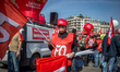 A FO member demonstrator holding a FO flag during a protest as part of a national mobiliza...