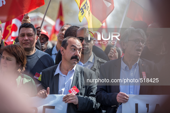 Secretary general of french force ouvriere labour union Jean Claude mailly and secretary general Philippe Martinez together at the manifesta...