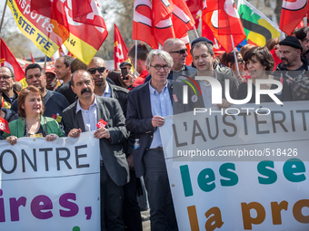 Secretary general of french force ouvriere labour union jean claude mailly and secretary general Philippe martinez together at the manifesta...