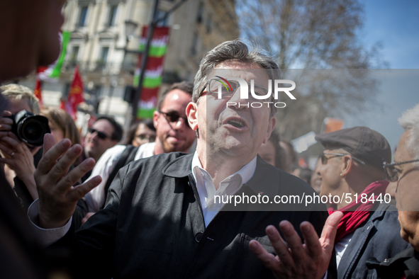 Jean Luc melanchon making sign with his hands during a protest as part of a national mobilization against the government's austerity measure...