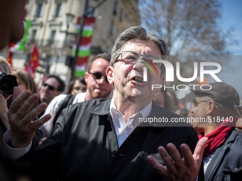 Jean Luc melanchon making sign with his hands during a protest as part of a national mobilization against the government's austerity measure...