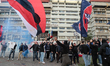Fan of Cosenza Calcio waves a flag outside the court of Cosenza during the protest "truth...