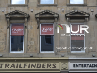 Light shining on the windows of the offices of Shelter in Glasgow on Saturday 11th April 2015. (