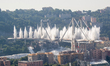 The pylons 10 and 11 of the collapsed Morandi viaduct are demolished with a controlled dyn...